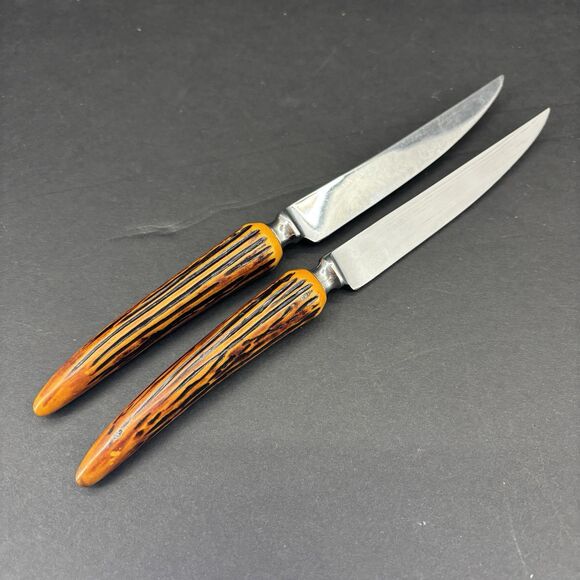 Vintage Crown Crest Sheffield England Stainless 2 Steak Knives‎ Faux Stag Antler - Picture 2 of 11